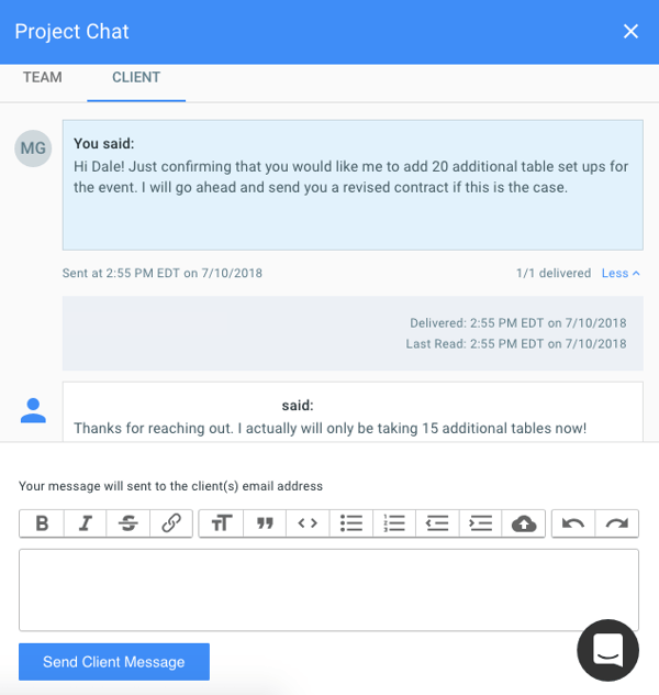 Client messaging in Goodshuffle Pro, event rental software. Manage difficult event clients.