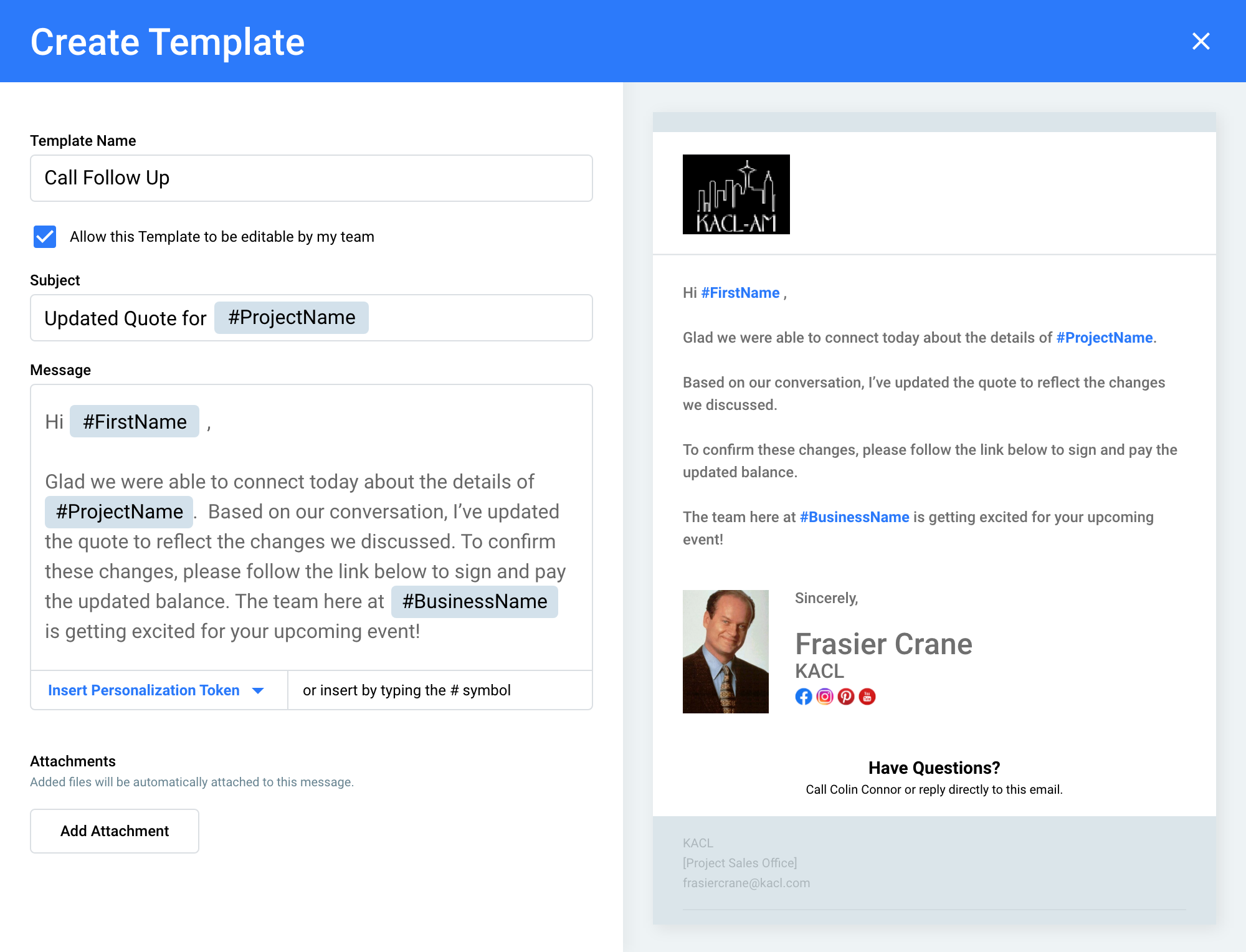 Message Center - Create Template - Call Follow Up